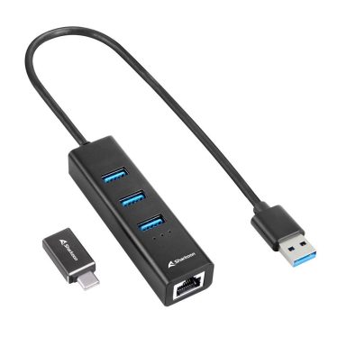 Sharkoon 3-Port USB3.2 Aluminium Hub + RJ45 Ethernet Adapter Black