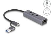   DeLock 3Port USB 5 Gbps Hub + Gigabit LAN with USB Type-C or USB Type-A connector in metal case