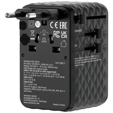 Verbatim Charge 'n' Travel 100W GaN III Universal Travel Adapter with Retractable USB-C Cable Black